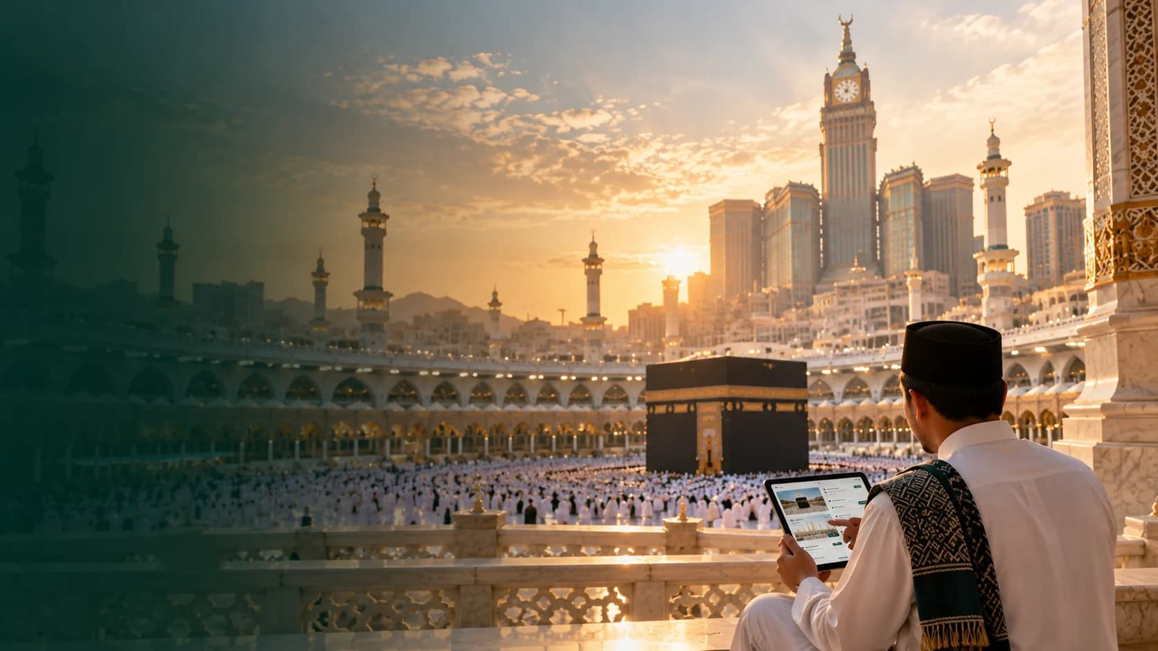 Ilustrasi jamaah pria menyiapkan perjalanan umrah dengan tablet di depan Masjidil Haram