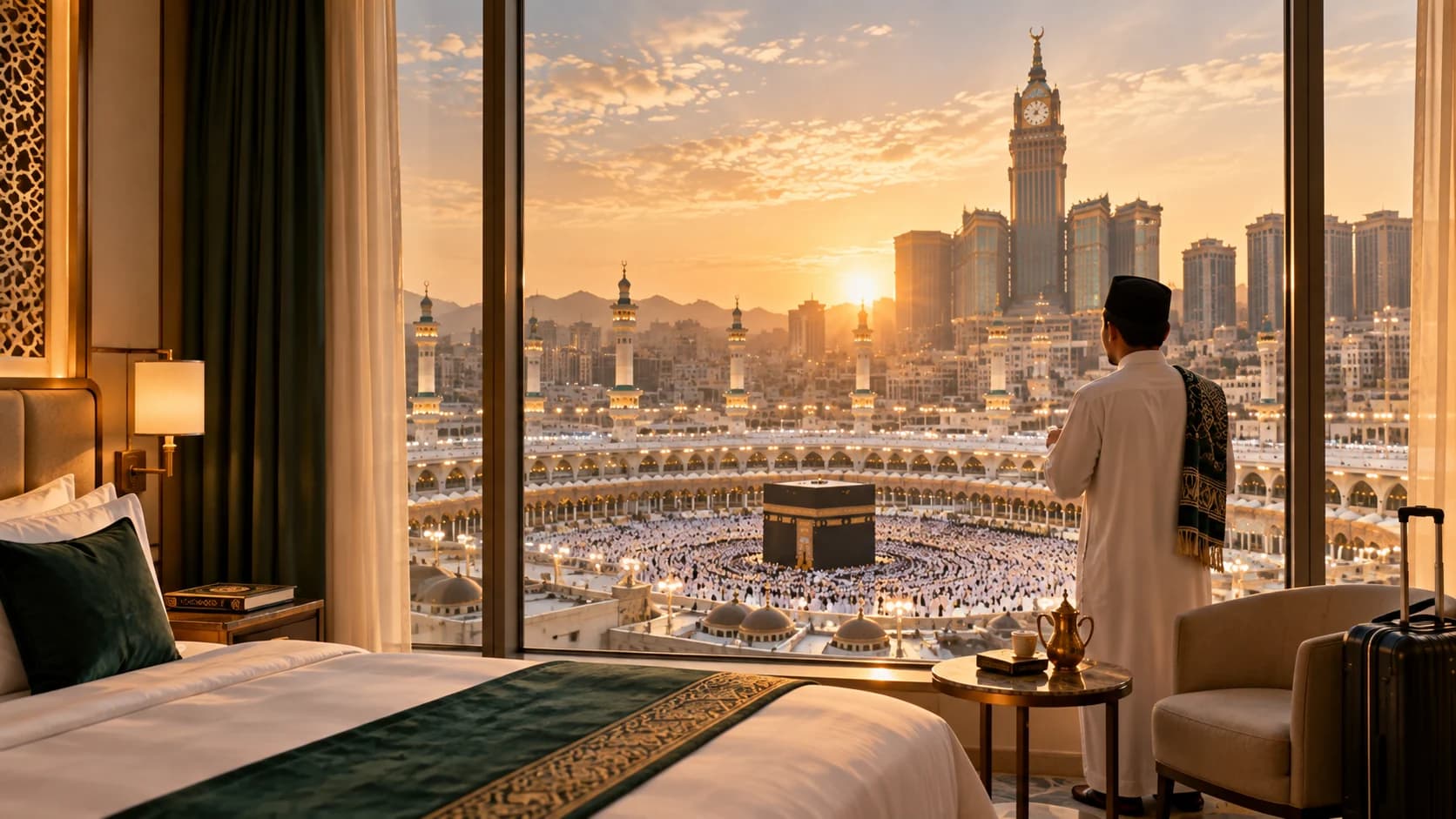Visualisasi AI perjalanan umrah untuk Umroh Sunnah Eksekutif Ring 1 Surabaya Direct; bukan foto resmi paket