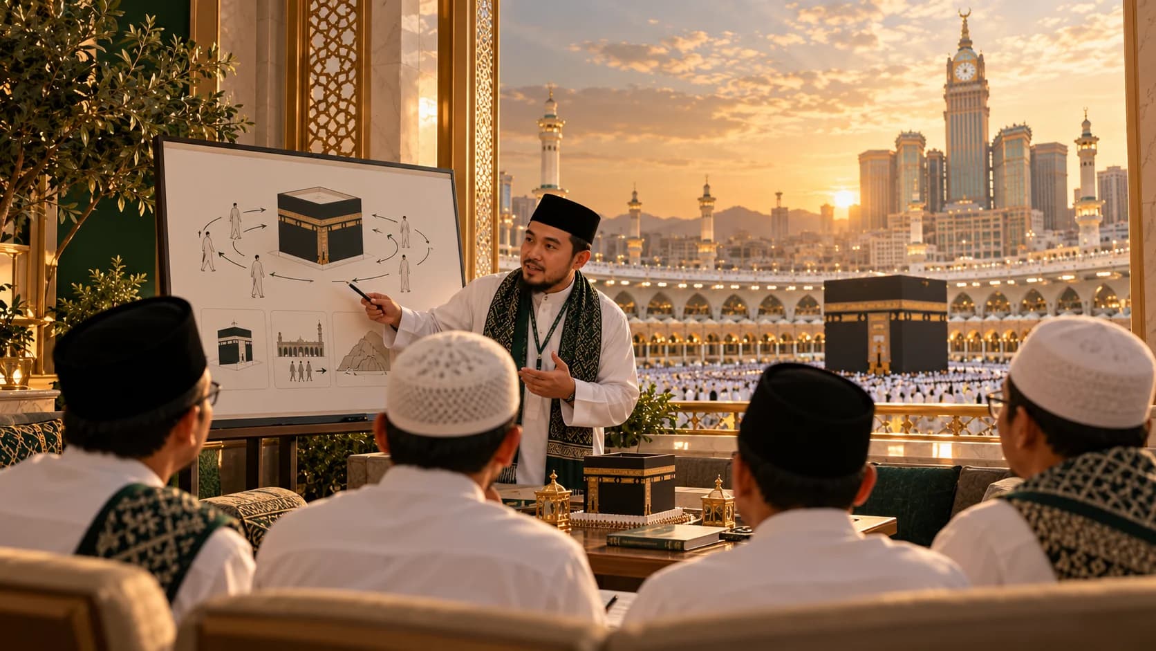 Ilustrasi pembimbing pria menjelaskan manasik kepada jamaah pria