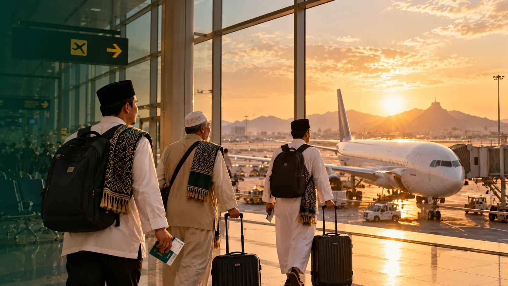 Visualisasi AI perjalanan umrah untuk Umroh Sunnah Awal Musim Surabaya Direct; bukan foto resmi paket
