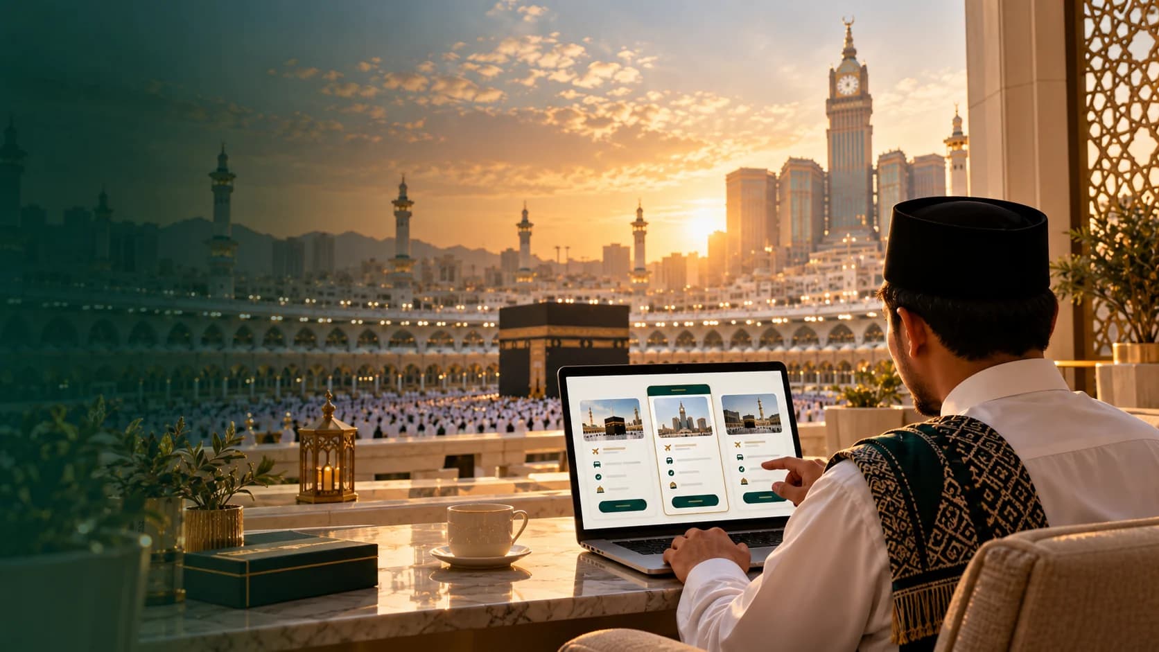 Ilustrasi jamaah pria membandingkan paket umrah melalui laptop di Makkah